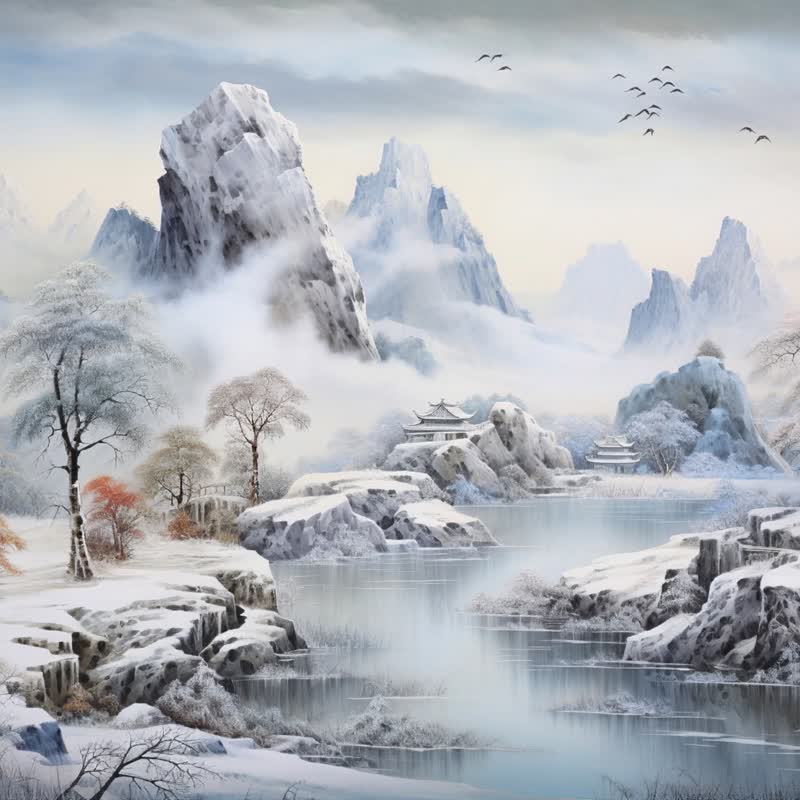 山峰雪立 水墨風情系列景意境抽象客廳臥室居家裝飾藝術微噴掛畫 - 海報/掛畫/掛布 - 棉．麻 