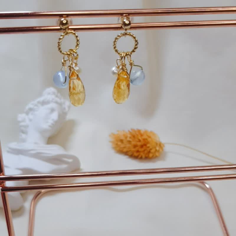 透亮黃水晶 海藍寶 耳環/可改耳夾 - 耳環/耳夾 - 寶石 黃色