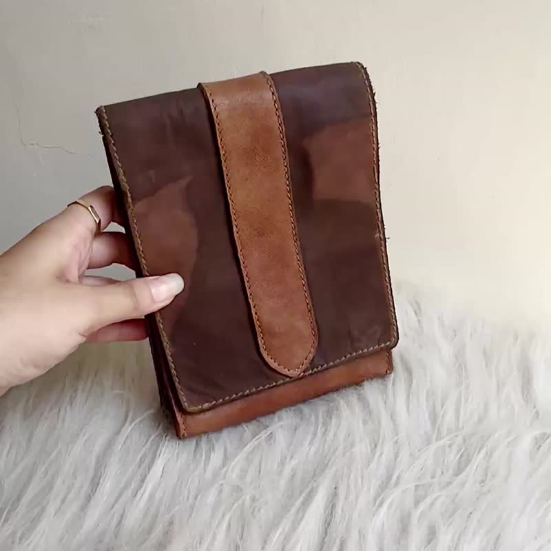 Horsehide cowhide double leather waist bag antique genuine leather small square bag vintage ほんがわ - อื่นๆ - หนังแท้ สีนำ้ตาล