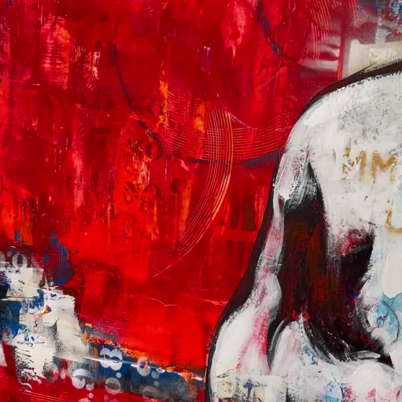Abstract Bull Painting On Canvas Original Animal on Red and Blue Wall Art Decor - 壁貼/牆壁裝飾 - 壓克力 多色