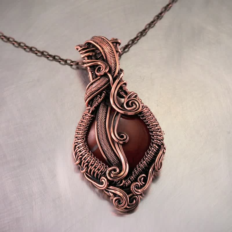 Jasper pendant Art necklace Antique style Wire wrapped artisan copper jewellery - สร้อยคอ - เครื่องเพชรพลอย หลากหลายสี