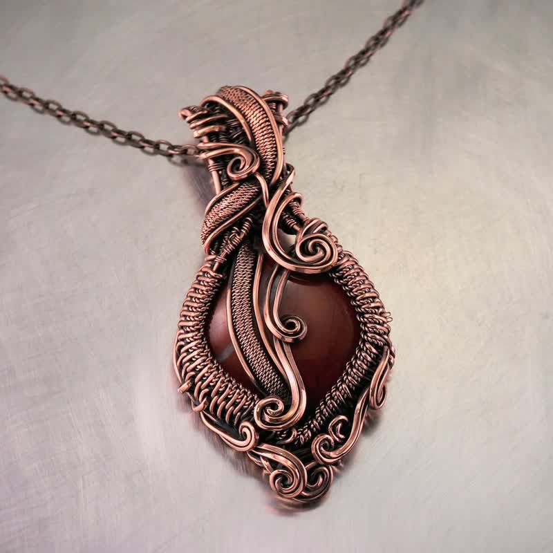 Jasper pendant Art necklace Antique style Wire wrapped artisan copper jewellery - Necklaces - Gemstone Multicolor