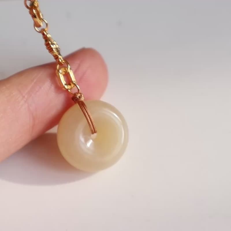 Natural Xinjiang Caramel-Colored Hetian Jade Peace Buckle Phone Chain, Keychain, Tassel Charm – Wishing Peace, Joy, Smoothness, and Worry-Free Bliss. - Keychains - Jade 