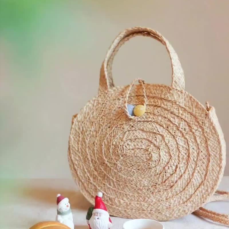 訂製商品 拉菲草喵喵蛋糕捲包 可拆式背帶 可背可提 - 側背包/斜背包 - 植物．花 卡其色