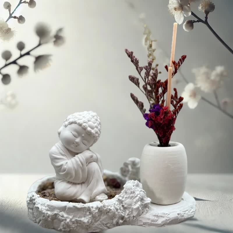 Little Buddha Figure Luxurious Pastoral Plate Set - Fragrances - Cement White