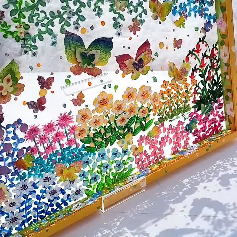 【花庭散歩　黄色】原画一点のみ　透明アート　影絵　インテリア　蝶々　かわいい　子供部屋 - 壁貼/牆壁裝飾 - 壓克力 黃色