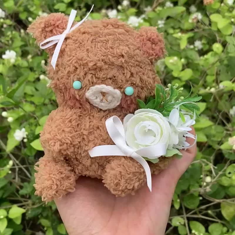【原創 純手工 】小熊 花球 針織 毛公仔 - 寶寶/兒童玩具/玩偶 - 羊毛 咖啡色