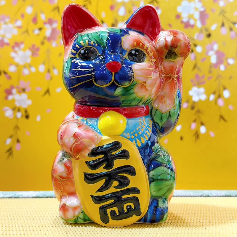 【富貴吉兆】日本清水燒招財貓 | 色繪 - 琉璃地牡丹 - 擺飾/家飾品 - 瓷 多色