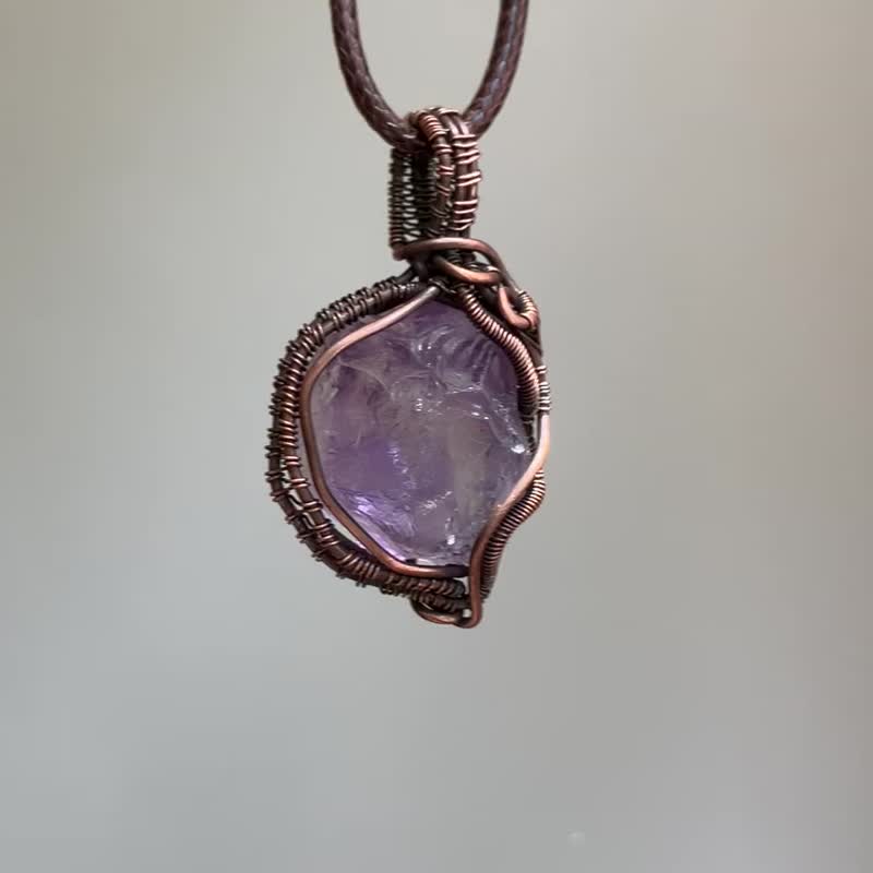 Fluorescent romantic purple. Natural Brazilian amethyst hand-wound design jewelr - Necklaces - Copper & Brass Purple