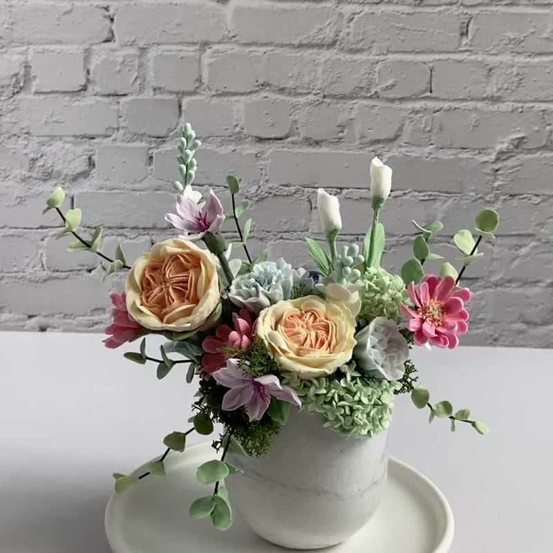 [Cream Soil Korean Squeeze Flower Diffuser Pot] Austin Rose Fresh Color Cylindrical Pot Cuttings - ตกแต่งต้นไม้ - ดินเหนียว 
