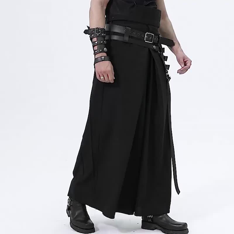 Gothic Japanese style samurai hakama / with girdle - กางเกงขายาว - วัสดุอื่นๆ สีดำ