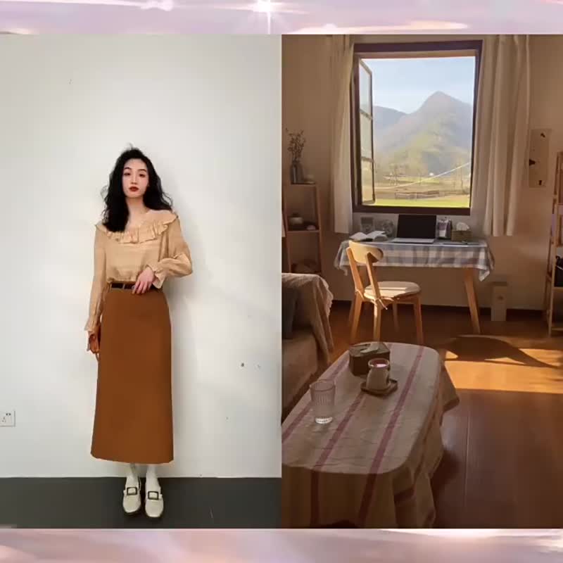 少量現貨 正反兩穿荷葉邊橘色襯衣中長款半裙洋裝 - 女襯衫 - 聚酯纖維 橘色