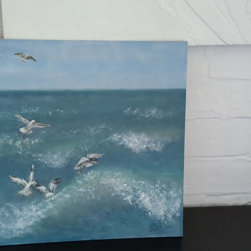 sea gulls oil painting  wall art seascape original art sky waves blue sea birds - 海報/掛畫/掛布 - 其他材質 藍色