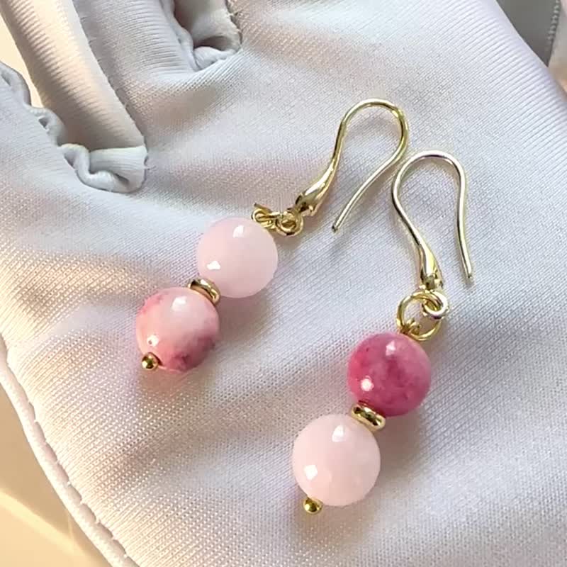櫻花色系草莓晶天然石耳環/旗袍耳環/結婚耳環/裙褂耳環 - 耳環/耳夾/耳骨夾 - 玉石 粉紅色