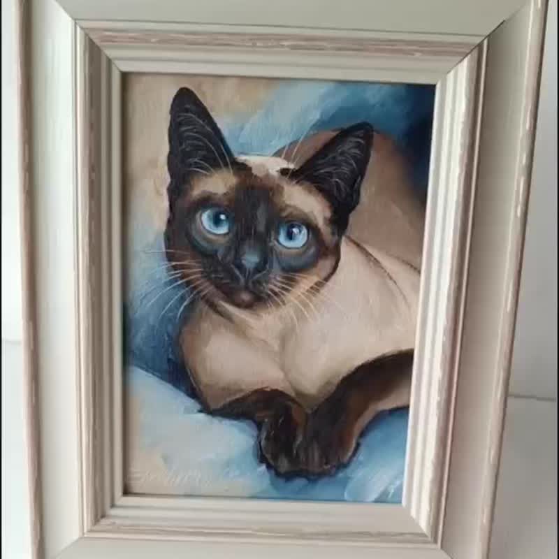 油絵　ネコ シャム猫の肖像画油絵タイ猫アート 13*18 センチメートル