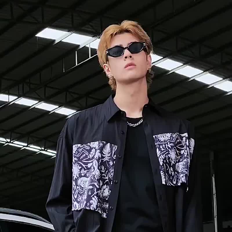 拼接長袖襯衫 黑色休閑男士上衣 - 男襯衫/休閒襯衫 - 聚酯纖維 
