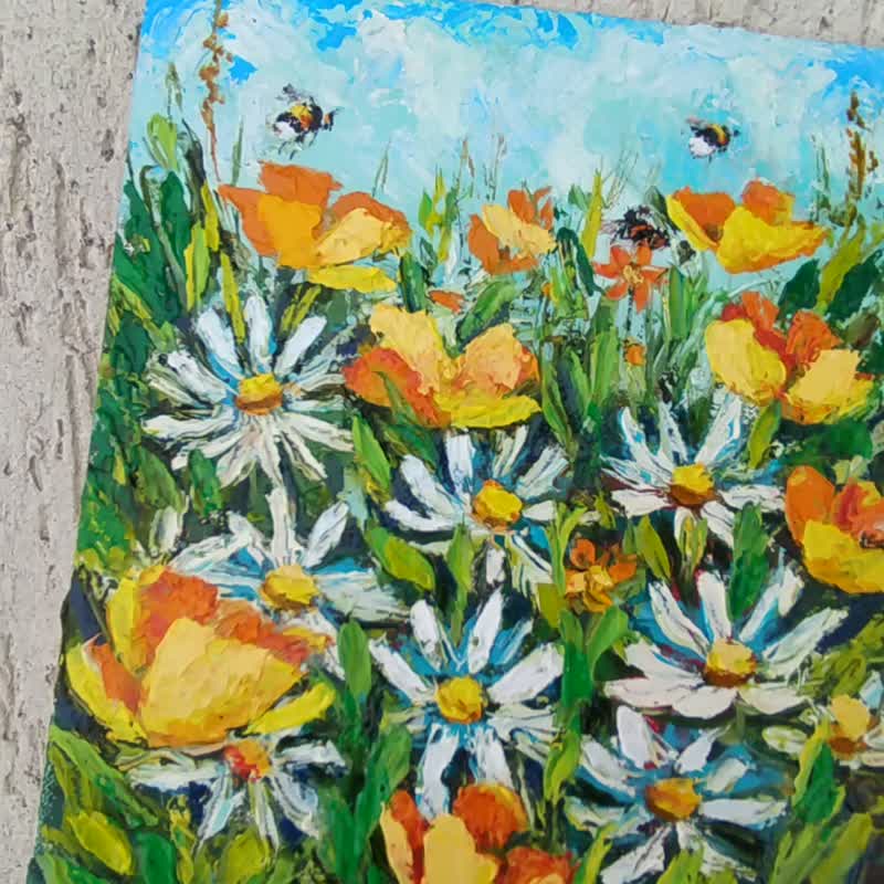 Daisies Poppies Painting Original Art Flowers Bumblebee Wildflowers Oil Blooming - 掛牆畫/海報 - 其他材質 多色