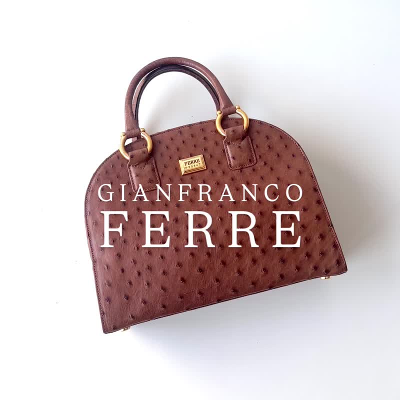 GIANFRANCO FERRE咖啡色珍稀駝鳥皮手提保齡球包F79 vintage - 手提包/手提袋 - 真皮 