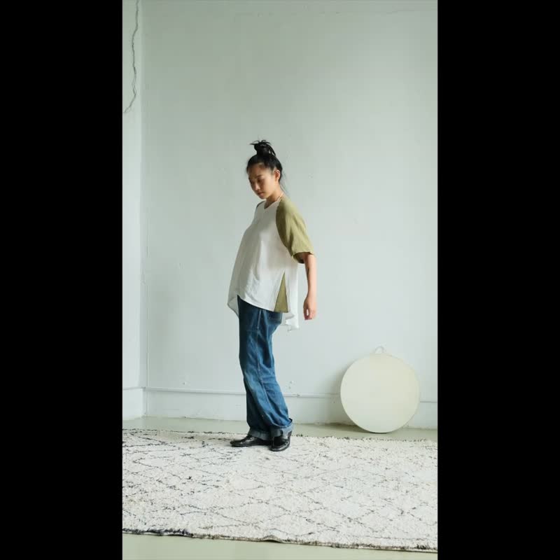 弧形下擺拼接上衣 / 雙層紗 天藍 - 女 T 恤 - 棉．麻 藍色