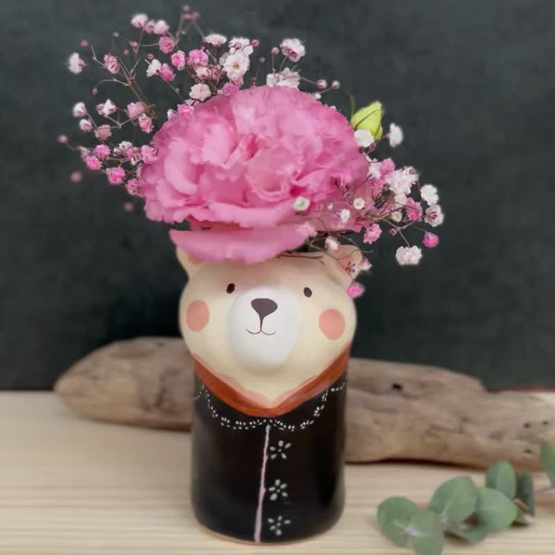 A Lu 萌熊陶花器/擺飾/筆架/禮物 手作手繪 原創僅此一件 - 花瓶/花器 - 陶 多色