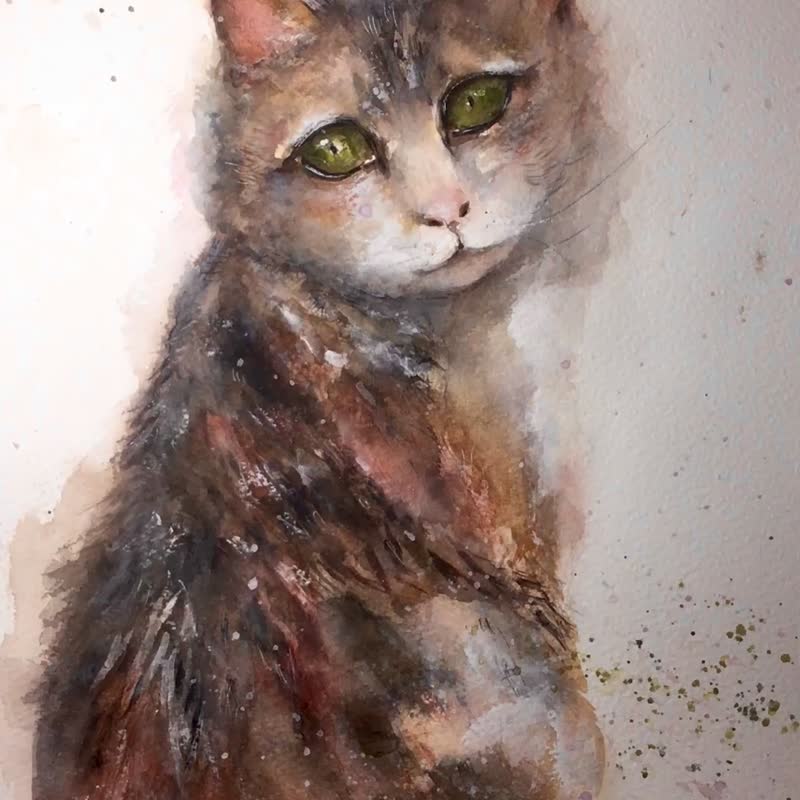 Emerald Gaze -  Original Watercolor Cat Portrait on A4 Paper - 似顏繪/客製畫 - 紙 咖啡色