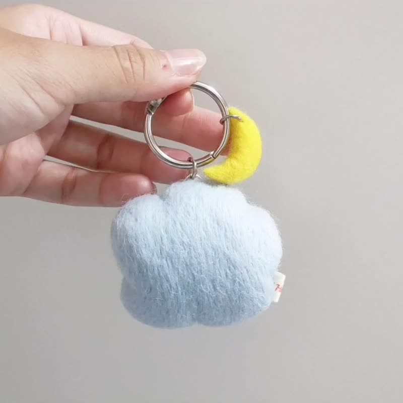 [Styling Easy Card] Cloud Moon Wool Felt Key Ring - Keychains - Wool Blue