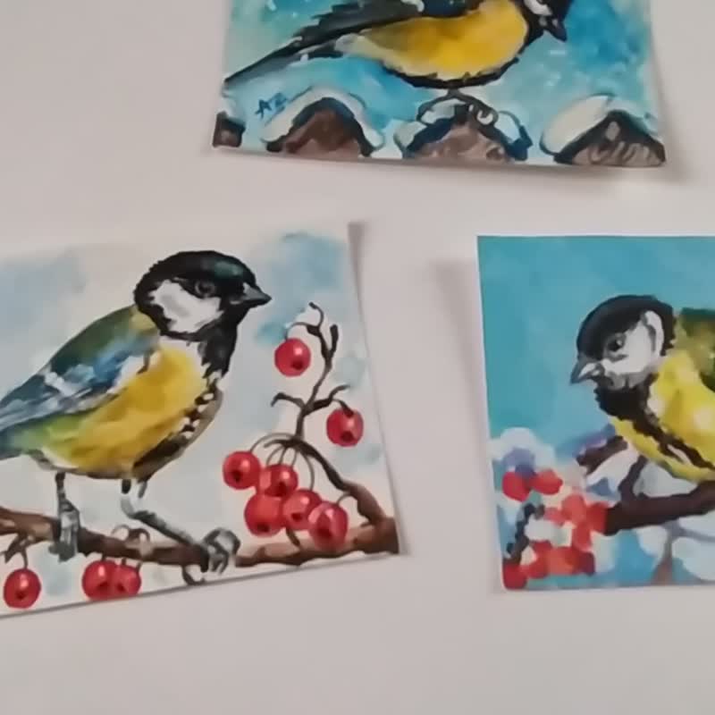 Chickadee Painting Bird Original Art ACEO Set Three Watercolor Small Art Card - 海報/掛畫/掛布 - 紙 黃色