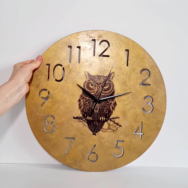 Owl wall clock 40 cm Craft wall clock Silent wall clock Art wall clock - Clocks - Other Materials Gold