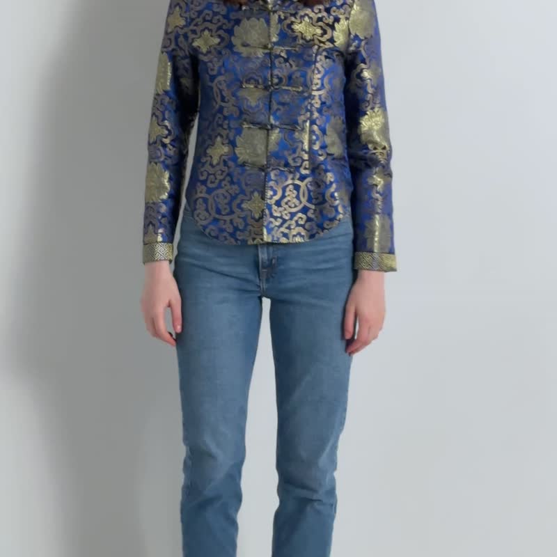 Vintage Woman Cheongsam Gold Blue Kimono/ VTG Chinese Gold Blazer Jacket 7089 - 女西裝外套 - 其他材質 藍色