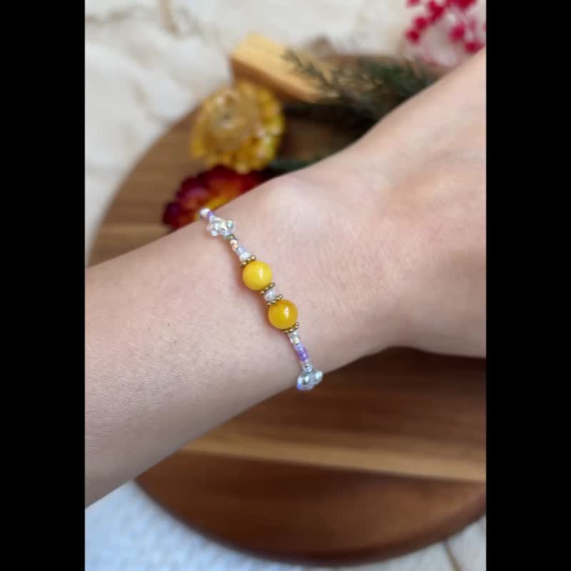 波羅的海 琥珀圓珠 玻璃米珠x天然石 珠珠手鏈 - 手鍊/手環 - 半寶石 黃色