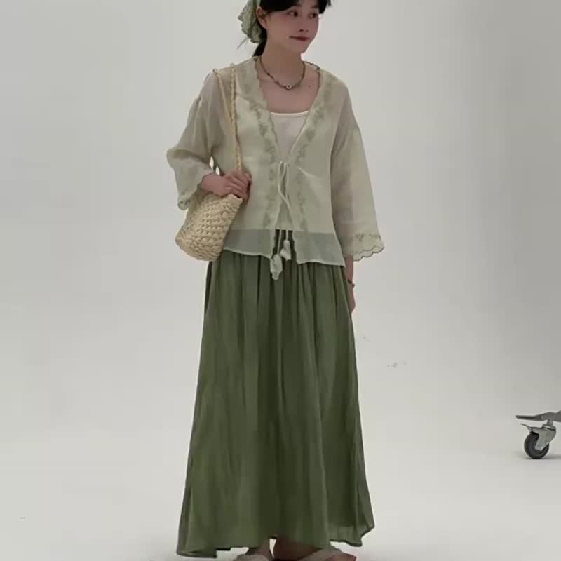 淺綠色 刺繡苧麻開衫 小清新甜美花邊繫帶襯衫 長袖休閒上衣 - 女上衣/長袖上衣 - 棉．麻 綠色
