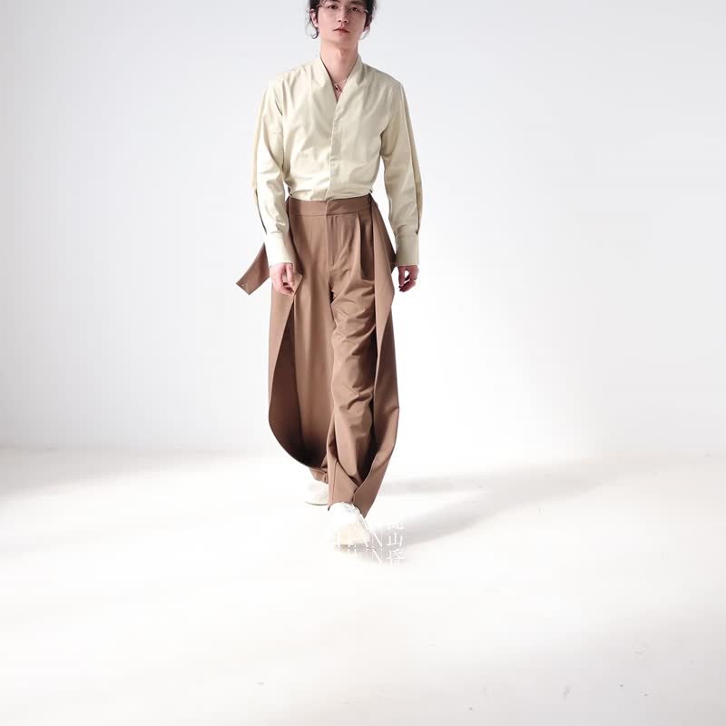 Luanshanhun new Chinese style original design drape card mid-waist trousers adjustable summer wide-leg trousers - กางเกงขายาว - เส้นใยสังเคราะห์ 