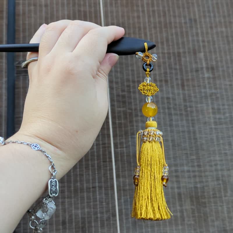 Zootee pig's trotter handmade crystal tassel hairpin Hanfu hairpin headdress - เครื่องประดับผม - ไม้ สีเหลือง