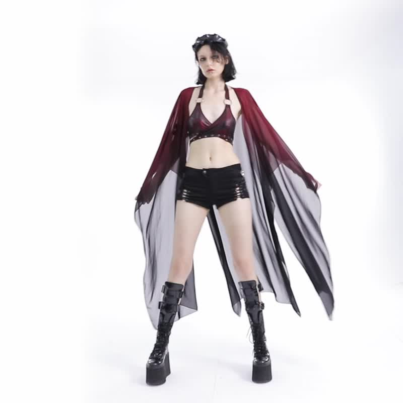 哥德飛行巫師雪紡披肩外套 - 紅 / 棕 / 黑 / 寬鬆版型 / 附腰帶 - 女大衣/外套 - 其他材質 紅色