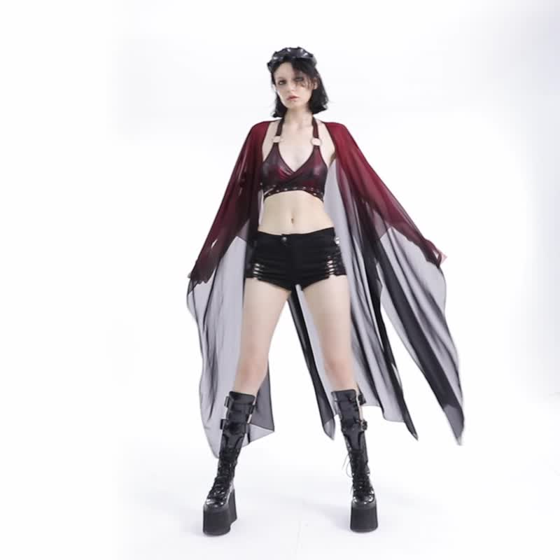 Gothic Flying Wizard chiffon shawl jacket - red/ Brown/black/loose fit/with belt - เสื้อแจ็คเก็ต - วัสดุอื่นๆ สีแดง