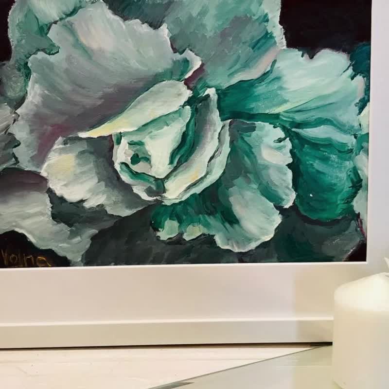 Blossoming Rose, Blue Painting, Original wall Art, gift, Handmade, Turquoise - Wall Décor - Essential Oils Green