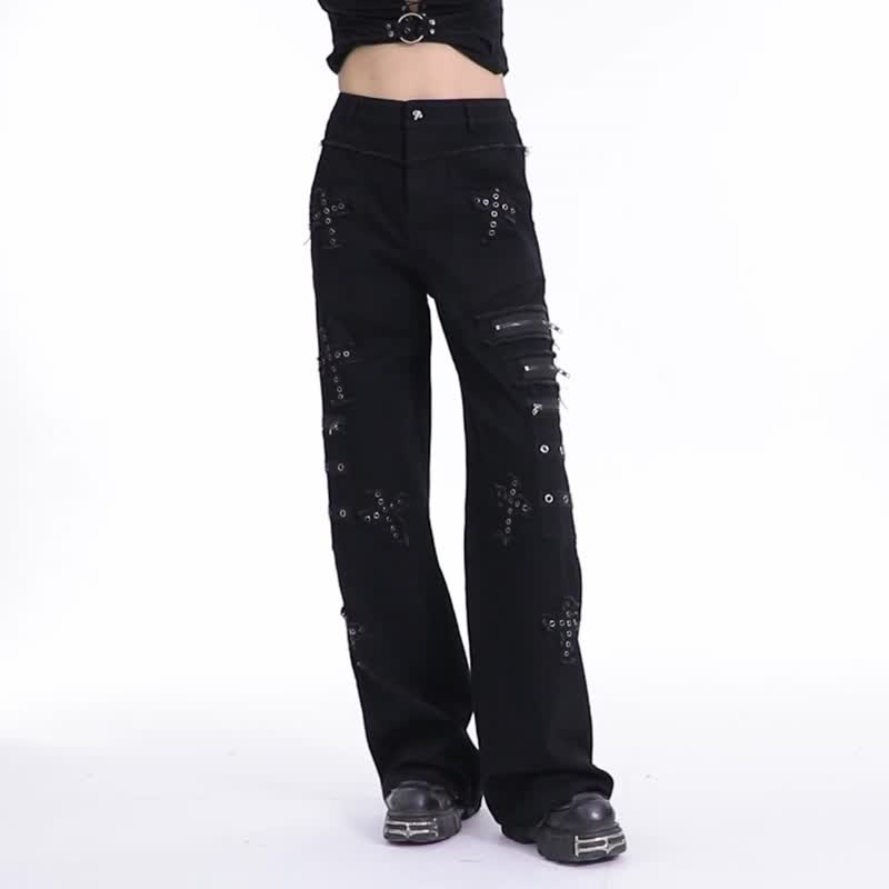 Punk Requiem Poet Dark Cross Straight Pants - กางเกงขายาว - วัสดุอื่นๆ สีดำ