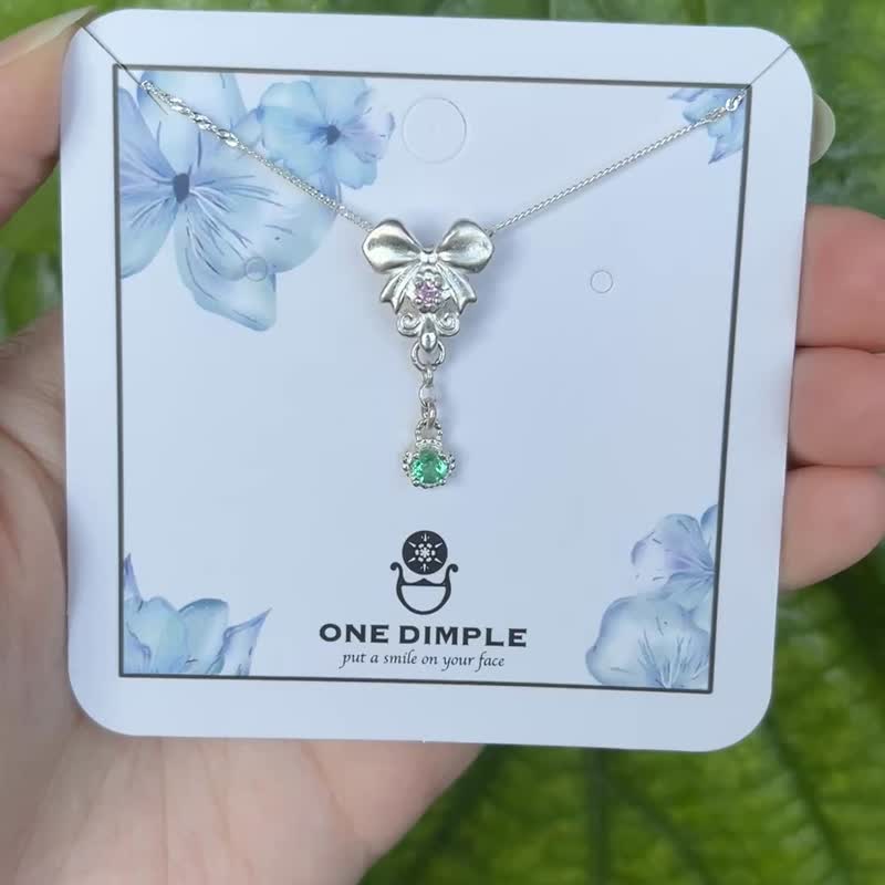 粉綠輕縈 蝴蝶結項鍊 祖母綠 剛玉 925銀 - 項鍊 - 純銀 銀色