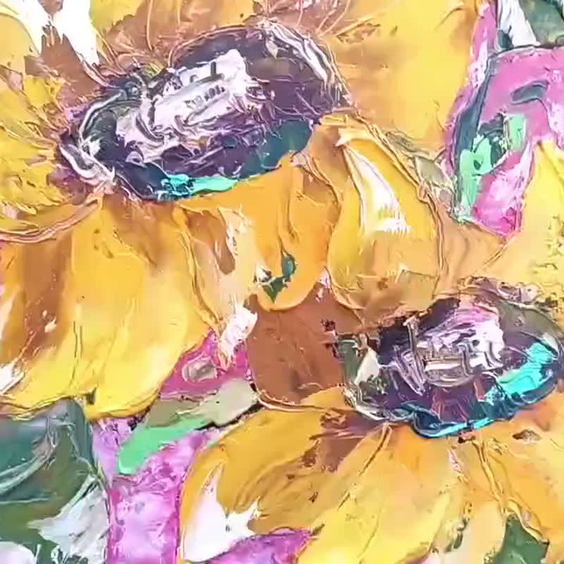 Impasto Sunflower Painting Original Art Flower Painting Floral Wall Art  10 x 10 - ตกแต่งผนัง - วัสดุอื่นๆ สีเหลือง