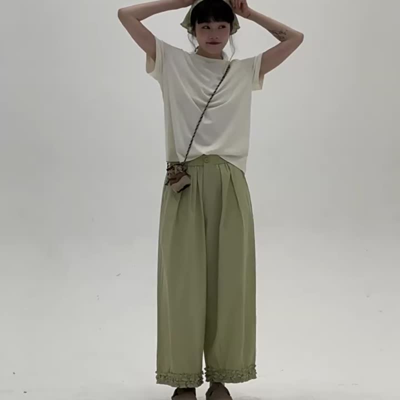 8顔色 褲腳花邊休閒褲 休閒簡約百搭寬鬆顯瘦直筒長褲 - 女長褲 - 棉．麻 藍色