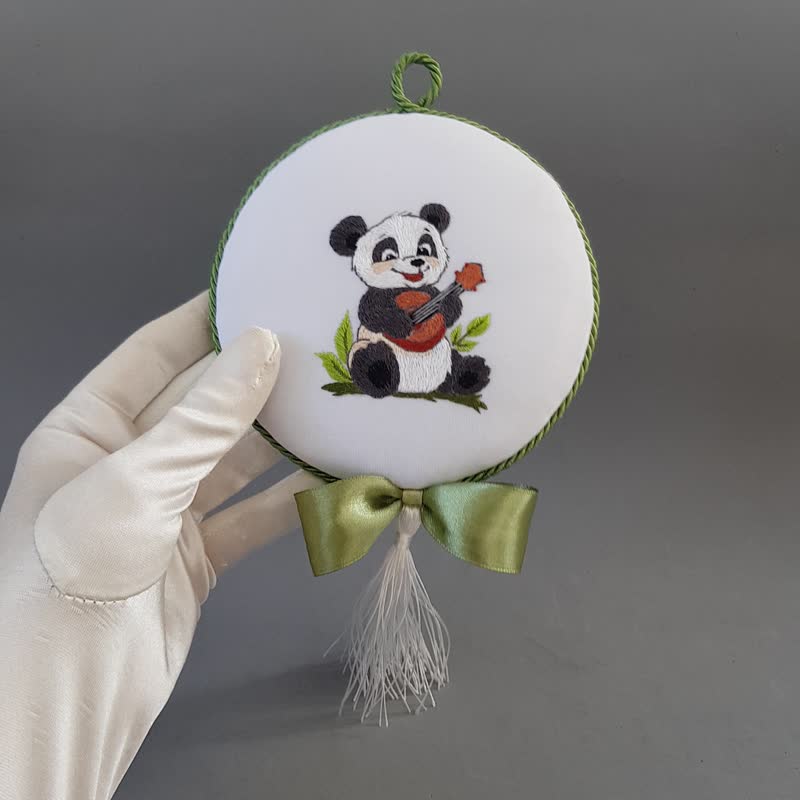 Panda hand embroidery, miniature with cute panda, embroidered wall decor - 相框/畫框 - 繡線 多色