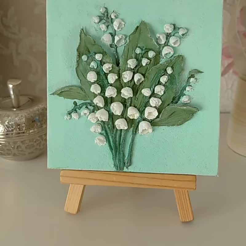 情人节礼物 Valentine's Day Small canvas painting of Lilies of the valley on easel - 擺飾/家飾品 - 其他材質 藍色