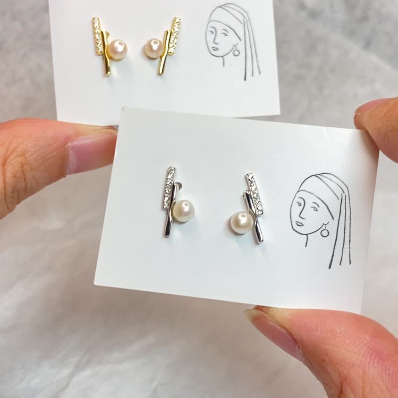 Parallel - Mini Freshwater Pearl sterling silver ear studs (gold/silver) - ต่างหู - เงินแท้ สีทอง