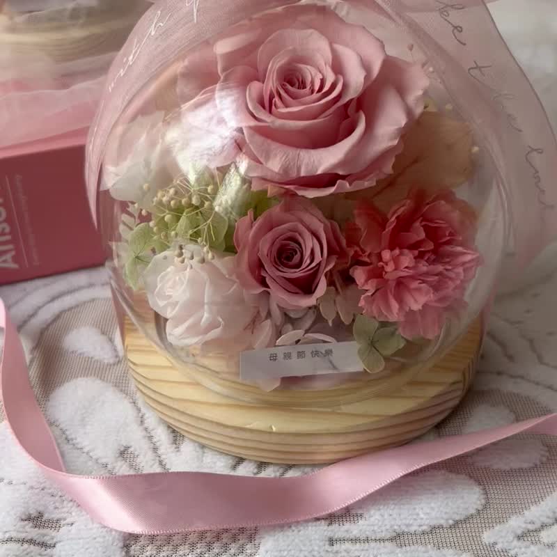 【flower-of-life】Coral Pink Orange Preserved Flower Glass Cover Mother’s Day Flower Gift Japanese Preserved Flower - ช่อดอกไม้แห้ง - พืช/ดอกไม้ สึชมพู