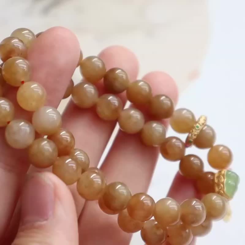 Natural sugar material Hetian jade multi-circle bracelet Xinjiang sugar material with Silver inlaid jasper gourd running ring blessing luck - สร้อยข้อมือ - หยก 