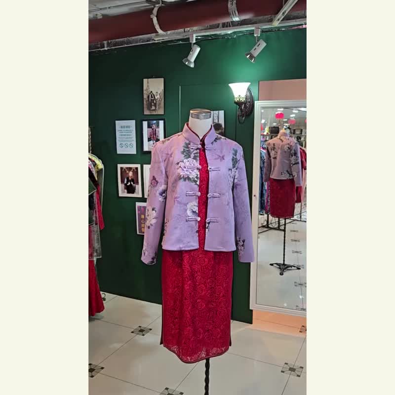 【VINTAGE 悅裳】新式改良復古 仿皮絨紫色牡丹外套 春裝 - 帽T/大學T - 聚酯纖維 粉紅色