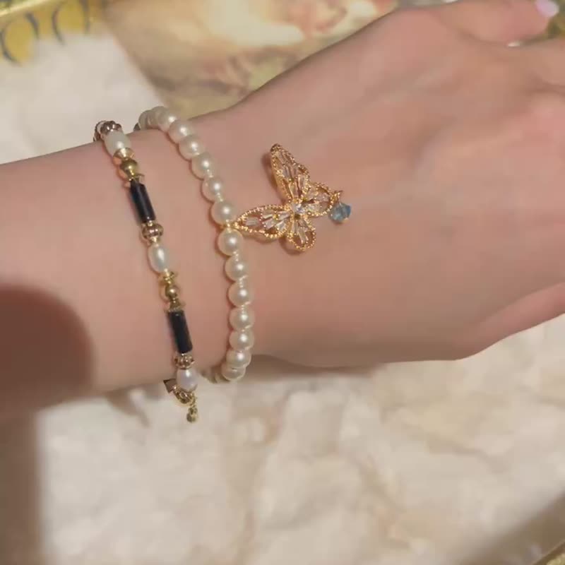 Daily Careful Ocean Sweet Series-Butterfly x Swarovski Pearl Bracelet - สร้อยข้อมือ - ทองแดงทองเหลือง ขาว