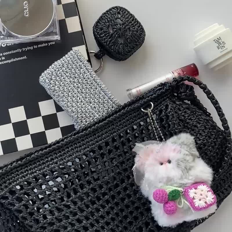 Summer Black Net Shirring Knot Shoulder Bag (Includes AirPod Case Keyring) - 手提包/手提袋 - 聚酯纖維 黑色