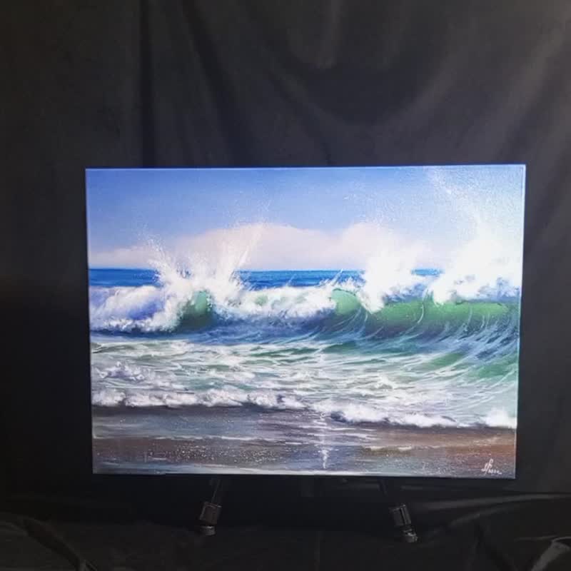 Painting is a sea wave. Oil painting. The size is 50 x 70 cm. Handmade. - ตกแต่งผนัง - ผ้าฝ้าย/ผ้าลินิน 