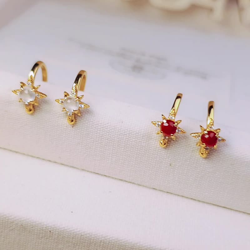 Lucky and happy | Wishing star Clip-On| Burmese A-grade jade unburned ice glass red and white jade sterling silver earrings - ต่างหู - หยก 